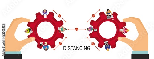 People working together in business office maintain social distancing to prevent coronavirus spreading, keep a safe distance, new normal lifestyle concept, flat vector illustration