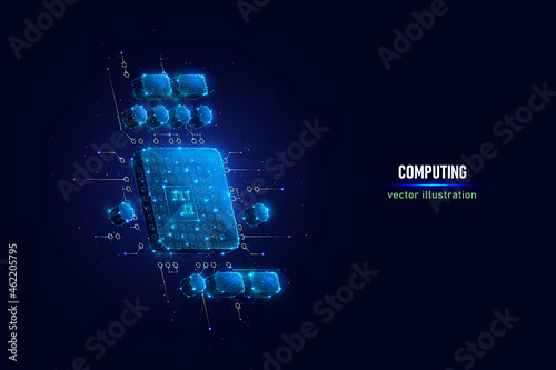 PC CPU digital wireframe made of connected dots. Symbol of personal computer central processing unit low poly vector illustration on blue background.