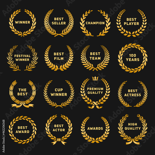 Golden winner wreaths. Gold award logo, sport cinema or competition win symbols. Ceremony laurel with leaves, festival tidy vector emblems