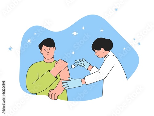 Vaccinate people. Doctor doing injection to patient, flu vaccine. Vaccination in clinic, nurse with syringe and adult man vector recent concept