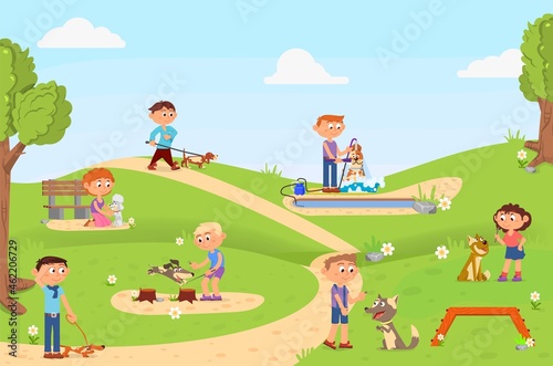 Walking in park. Outdoor dog playground  children walk with pets. Boy wash puppy  kids training dogs. Cute cartoon active characters decent vector scene