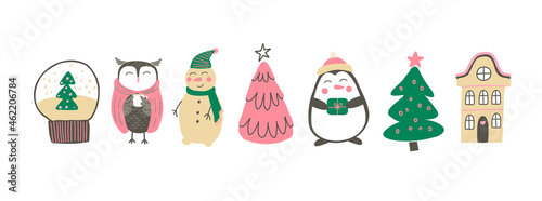 Collection of vector Christmas elements. modern boho minimalism. Merry christmas and a happy new year. Winter stickers for design. Lots of drawings. Glass ball with snow.
