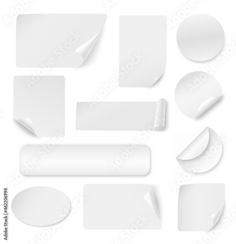 Curled corners stickers. White sticker banners, sticky label mockup. Curl edge circle, square paper sheet, store tags or blank page exact vector set