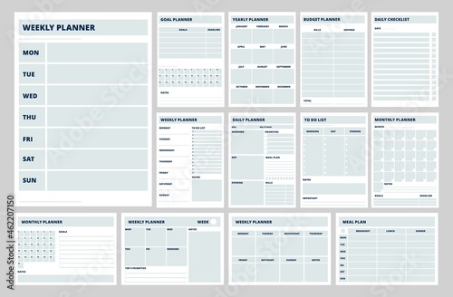 Blank planner templates. Business planners, weekly, daily or meal plan pages. Notebook papers, strategy and year goals. To do list, diary recent vector set photo