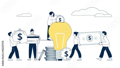 Crowdfunding concept. Investment idea, fund ideas for invest. Creative business startup. People donate money for project recent vector scene