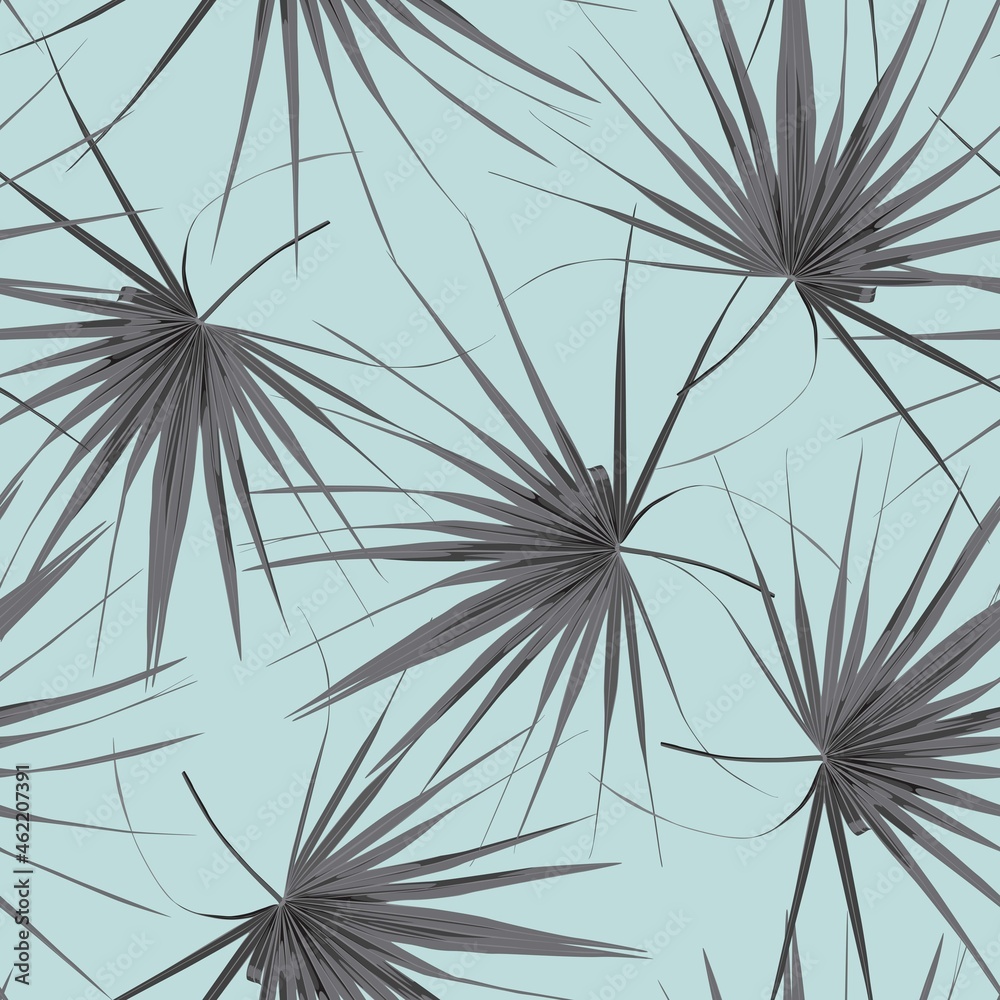 Obraz premium Tropical seamless pattern with exotic black white fan palm leaves. Blue background.