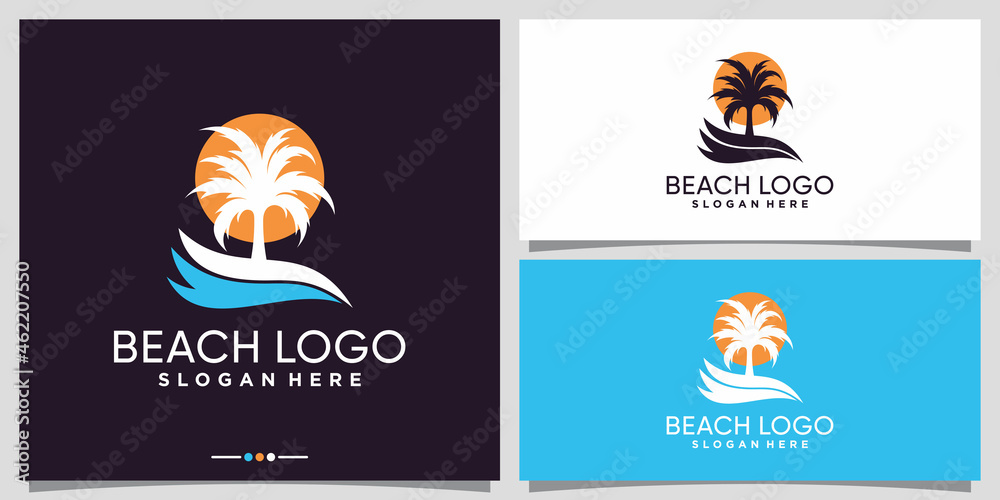 Beach logo design with palm tree and sun logo Premium Vector