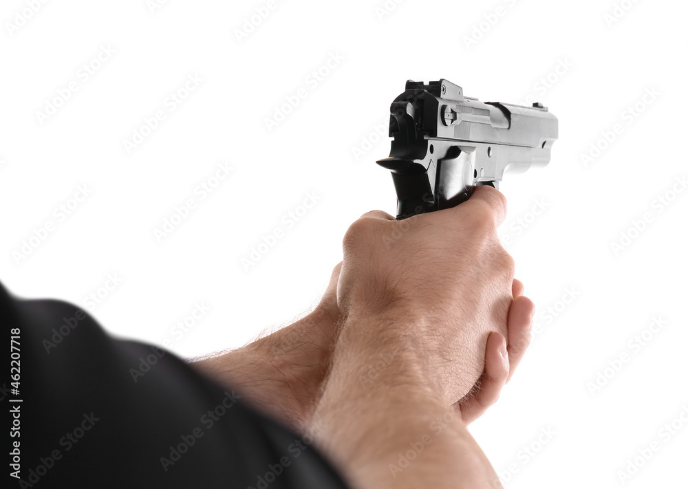 Man holding gun on white background, closeup