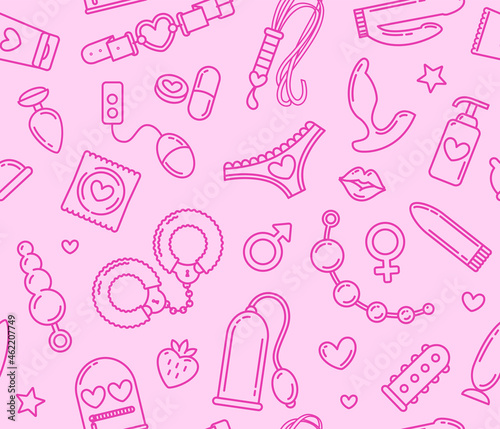 Adult shop and sex toys icons seamless pattern on pink background. Linear style BDSM roleplay items icon collection. Fashion printable background