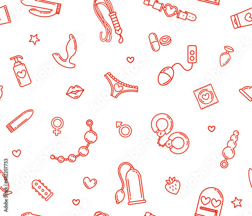 Adult sex toys icons printable seamless pattern on white background. Linear style BDSM roleplay items icon collection