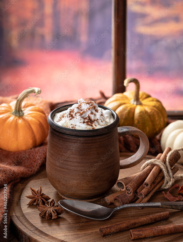 Pumpkin spice latte with autumn background - obrazy, fototapety, plakaty 