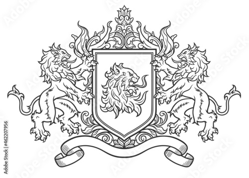 Coat of arms with lions, shield and ribbon for lettering. Line digital vector ink art.
