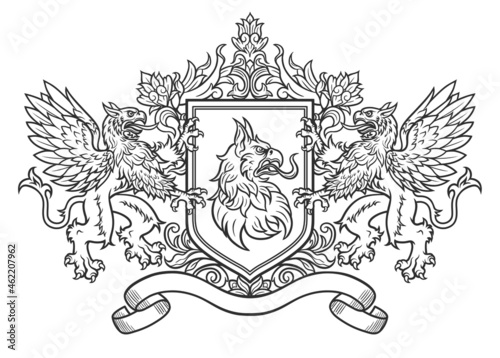 Coat of arms with griffins, shield and ribbon for lettering. Line digital vector ink art.