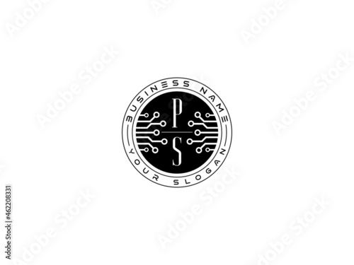 Technology PS Logo, Initial ps Technology Logo concept, round emblem, solution symbol logotype white background