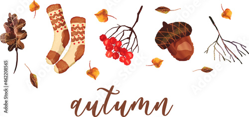 Autumn clip-art elements hand-drawn vector illustration, socks, leaves, acorn, rowanberry