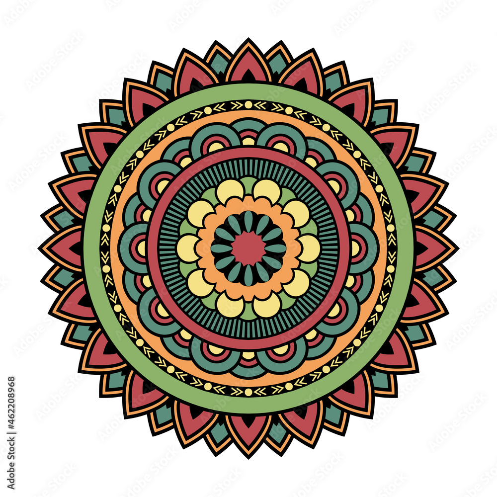 Vector mandala isolated on white background. Card with ornament in green, red and yellow colors. Oriental pattern, vintage decorative element for design Vector mandala isolated on white background. Card with ornament in green, red and yellow colors. Oriental pattern, vintage decorative element for design