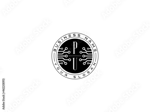 Technology PU Logo, Initial pu Technology Logo concept, round emblem, solution symbol logotype white background