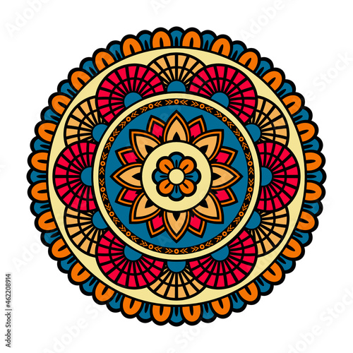 Vector simple mandala isolated on white background. Card with ornament in blue and yellow colors. Oriental pattern, vintage decorative element for design