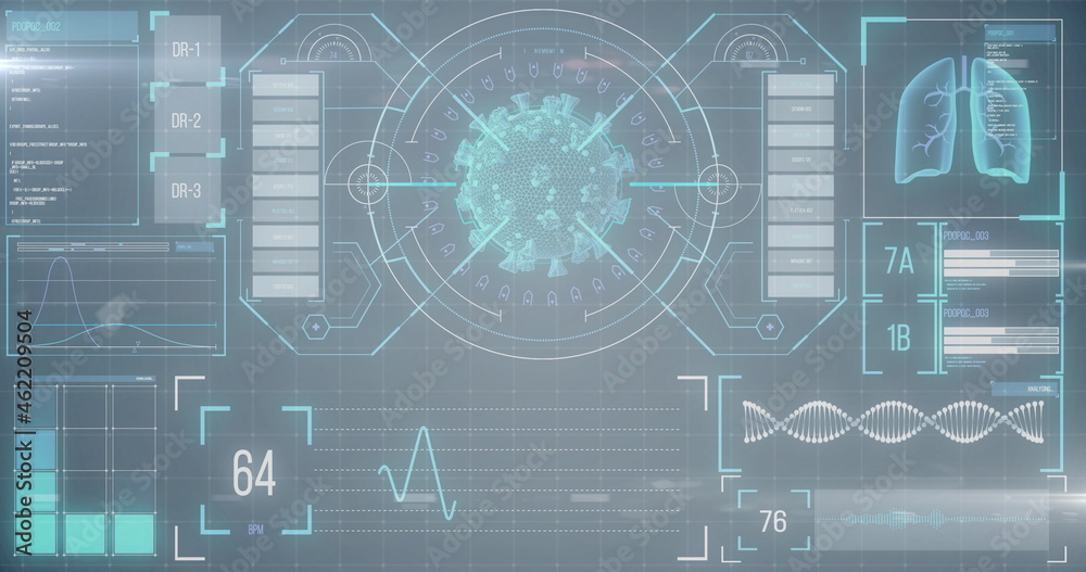 Image of macro coronavirus Covid-19 cell analyzed on a screen with medical information Image of macro coronavirus Covid-19 cell analyzed on a screen with medical information