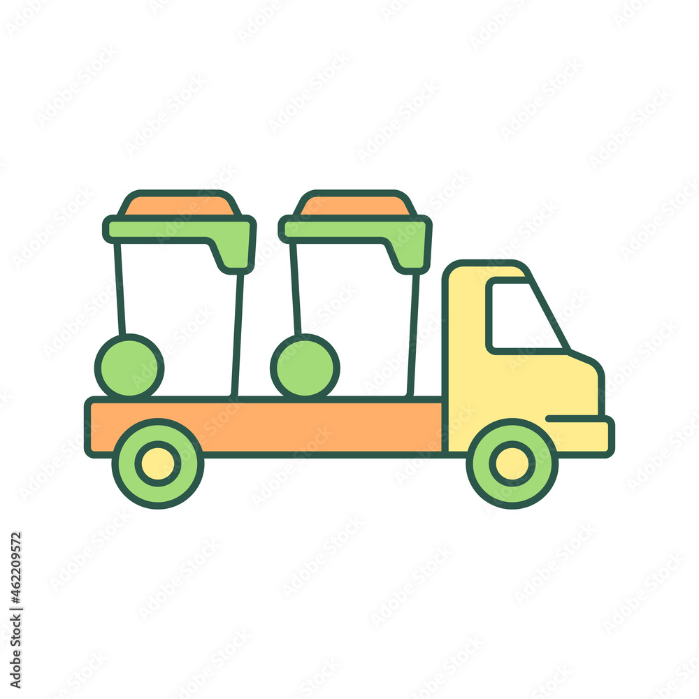 Container delivery vehicle RGB color icon. Bin lorry. Waste management service. Trash bin shipping. Garbage treatment and disposal. Isolated vector illustration. Simple filled line drawing