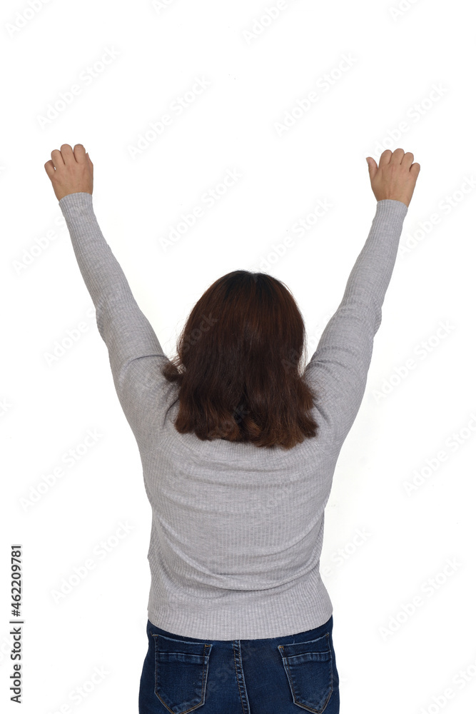 portrait of a woman with arms raised on white background portrait of a woman with arms raised on white background