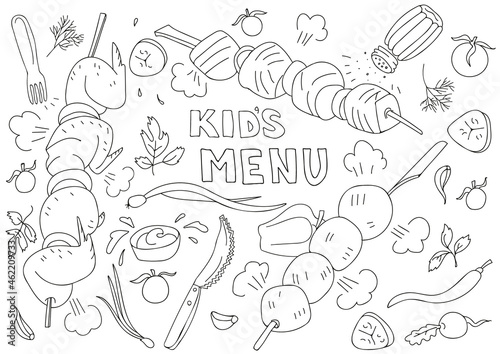 Black and white vector illustration for kids menu with shish kebab in doodle style. Page of a children's coloring book. Blank A3 horizontal format