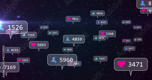Image of social media icons and numbers on grey banners over stars on night sky