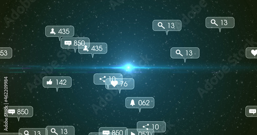 Image of social media icons and numbers on grey banners over stars on night green sky