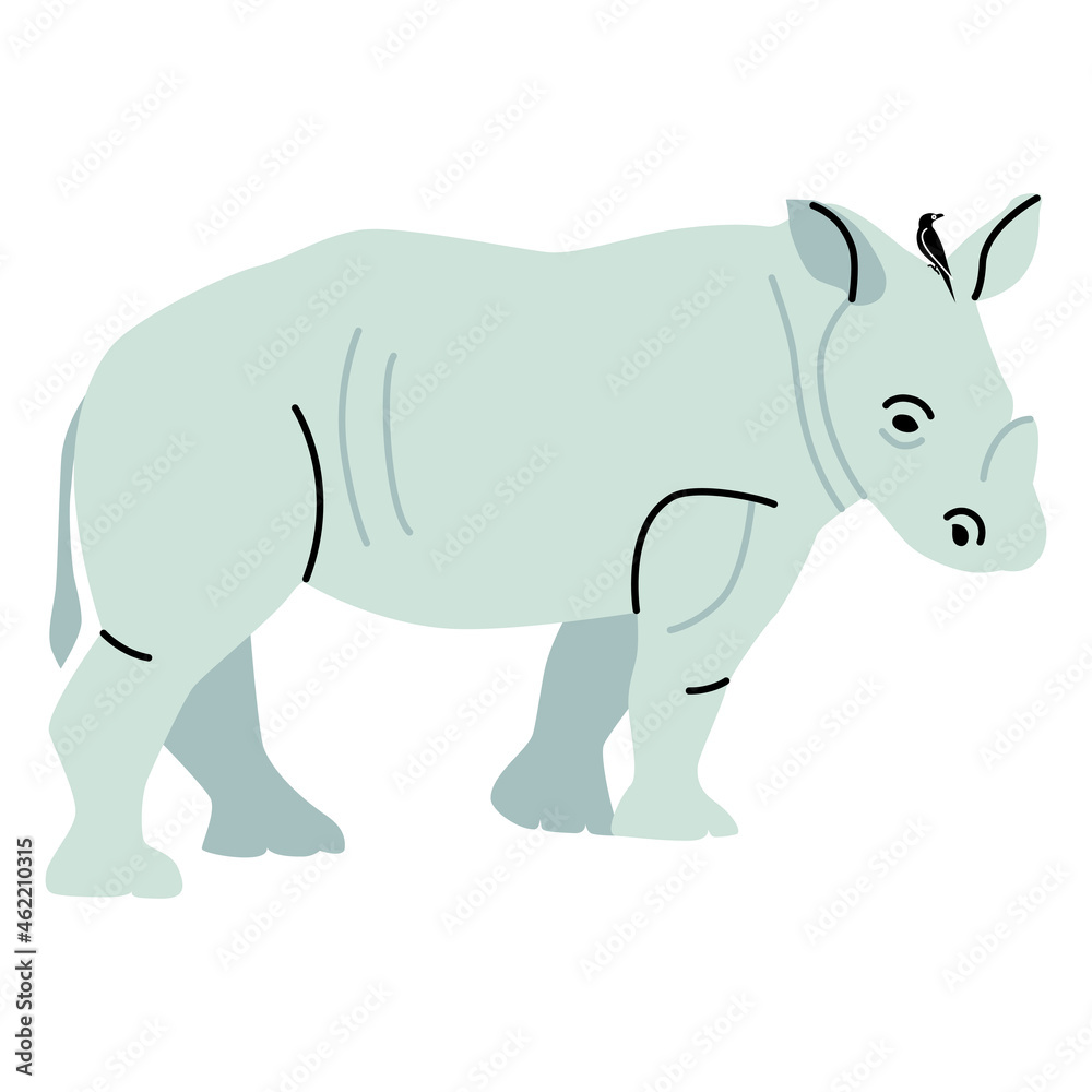 African rhino illustration Rhinoceros with a sitting bird