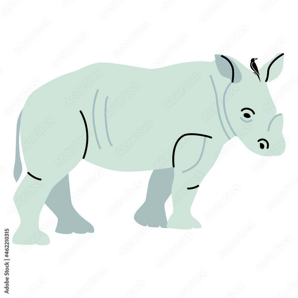Naklejka premium African rhino illustration Rhinoceros with a sitting bird