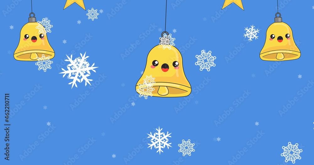 Image of snow falling and bells icons on blue background
