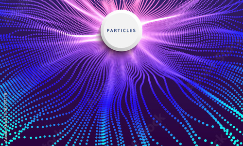 Point explode. Array with dynamic emitted particles. 3d technology style. Abstract background. Vector illustration.