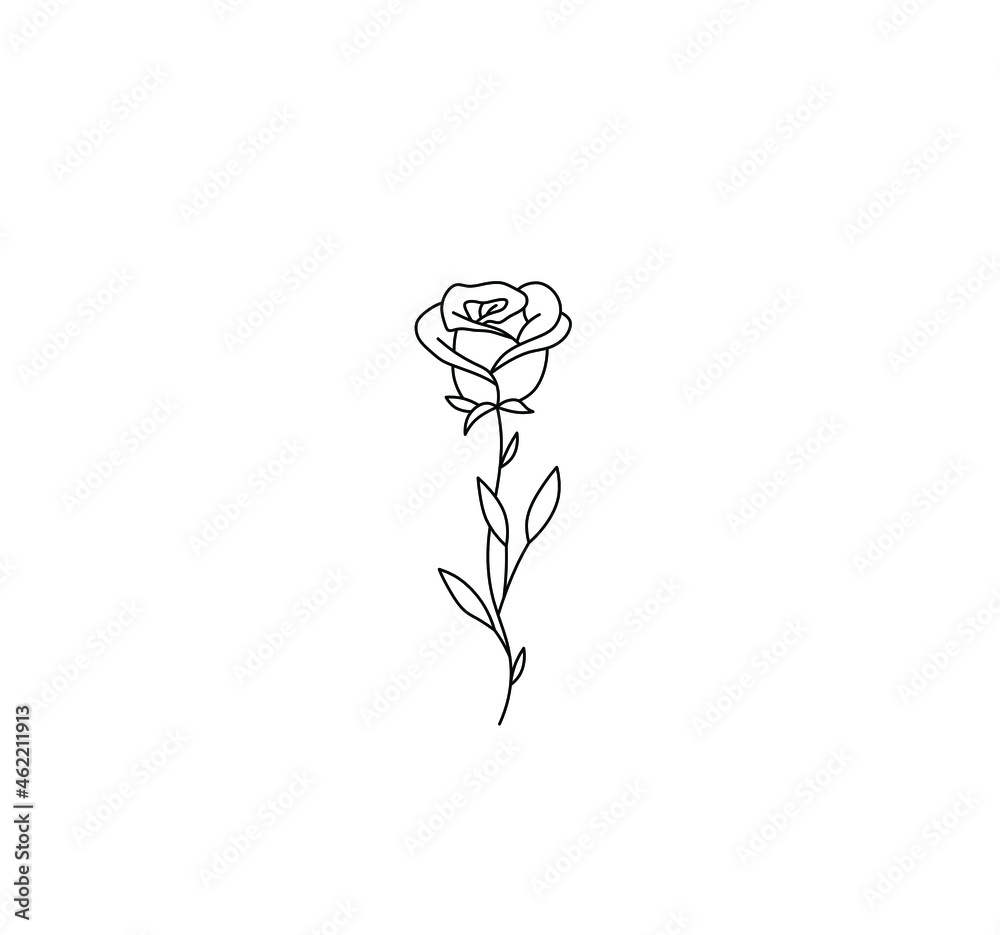 Vector isolated simple single rose drawing. Colorless black and white  contour outline sketch one rose. Tiny simple small rose tattoo.  Stock-Vektorgrafik | Adobe Stock