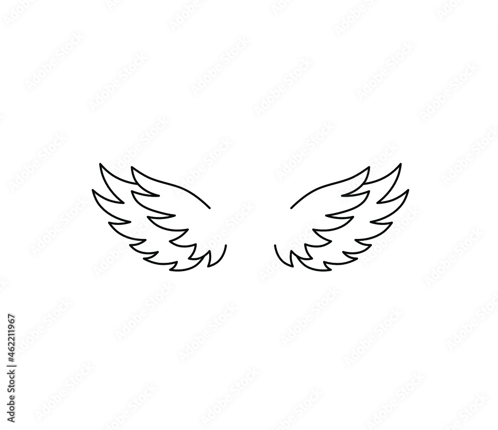 Vector isolated two angel wings or two bird wings contour drawing. Small wings line tattoo or print or pattern or poster element