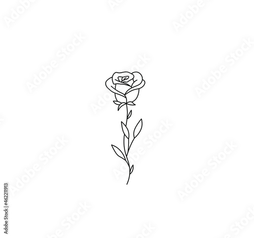 Vector isolated simple single rose drawing. Colorless black and white contour outline sketch one rose. Tiny simple small rose tattoo.