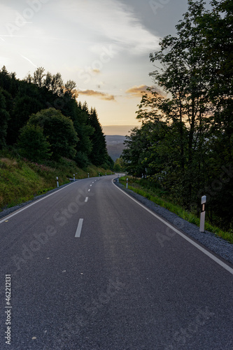 road through the bavarian forest during sunset
