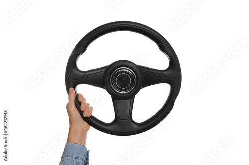 Woman with steering wheel on white background, closeup © New Africa