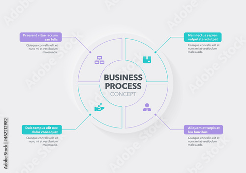 Modern concept for business process visualization with four steps and place for your description. Easy to use for your website or presentation.