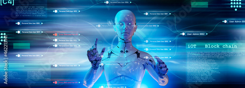 Artificial intelligence 3D robot programming computer interface AI chatbot futuristic cyber space metaverse background, digital world technology