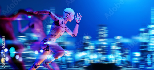 Artificial intelligence 3D robot running in futuristic cyber space metaverse background, digital world technology