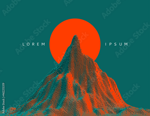 Mountain peak. Sunrise. Futuristic technology backdrop in a voxel art style. Cyberspace concept. 3D vector illustration for brochure, magazine, poster, presentation, flyer or banner.