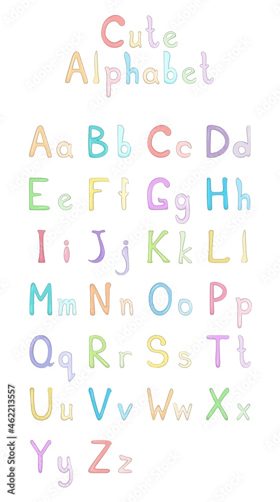 Cute hand-drawn english alphabet (font) in colour for composing words. Capital and lowercase letters. Pastel colors. Letters are sized, each letter in a separate group. Vector illustration Cute hand-drawn english alphabet (font) in colour for composing words. Capital and lowercase letters. Pastel colors. Letters are sized, each letter in a separate group. Vector illustration