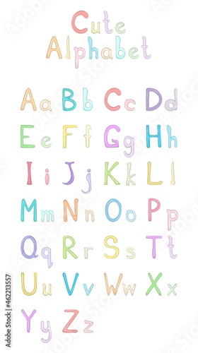 Cute hand-drawn english alphabet (font) in colour for composing words. Capital and lowercase letters. Pastel colors. Letters are sized, each letter in a separate group. Vector illustration