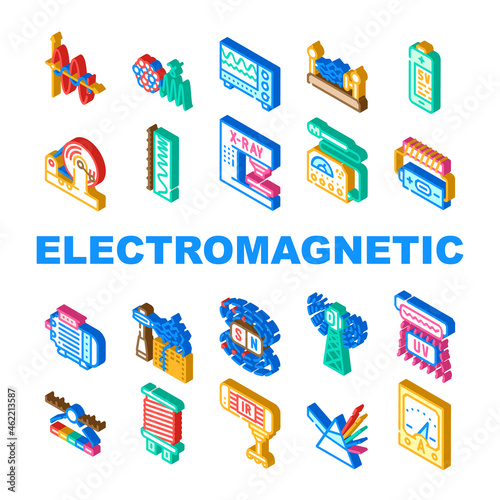 Electromagnetic Science Physics Icons Set Vector. Electromagnetic And Ultraviolet Waves, X-ray Electronic Equipment And Spectrum Range, Prism Light And Sv Battery Isometric Sign Color Illustrations