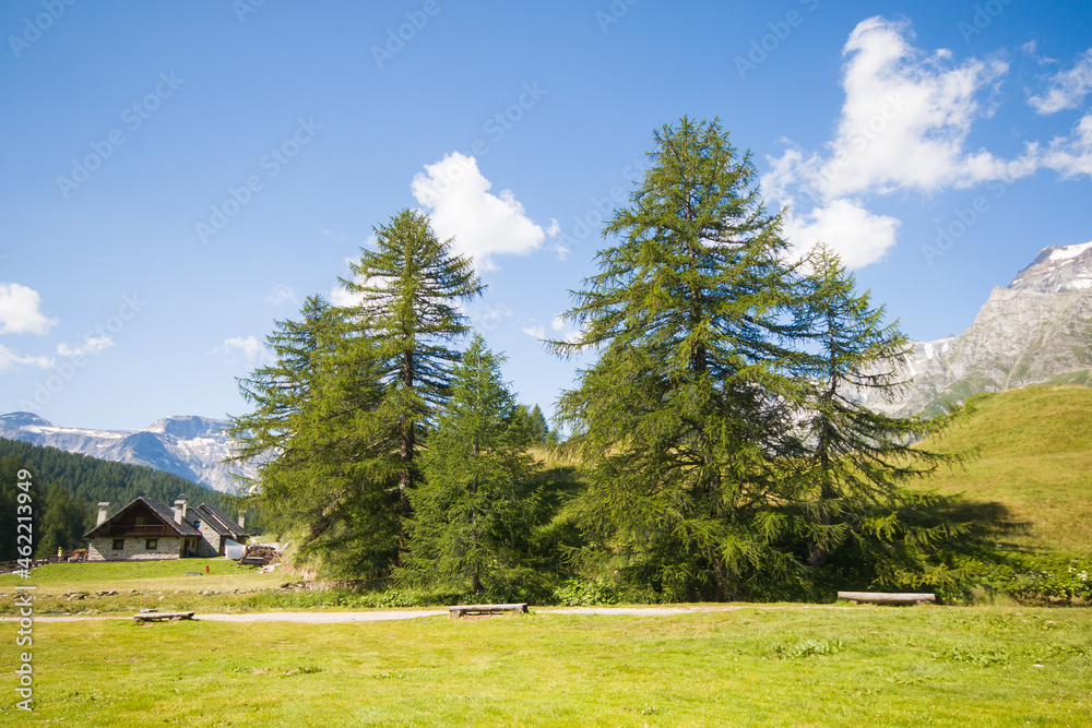 Beautiful view of tranquil alpine village in the park of Alpe Devero