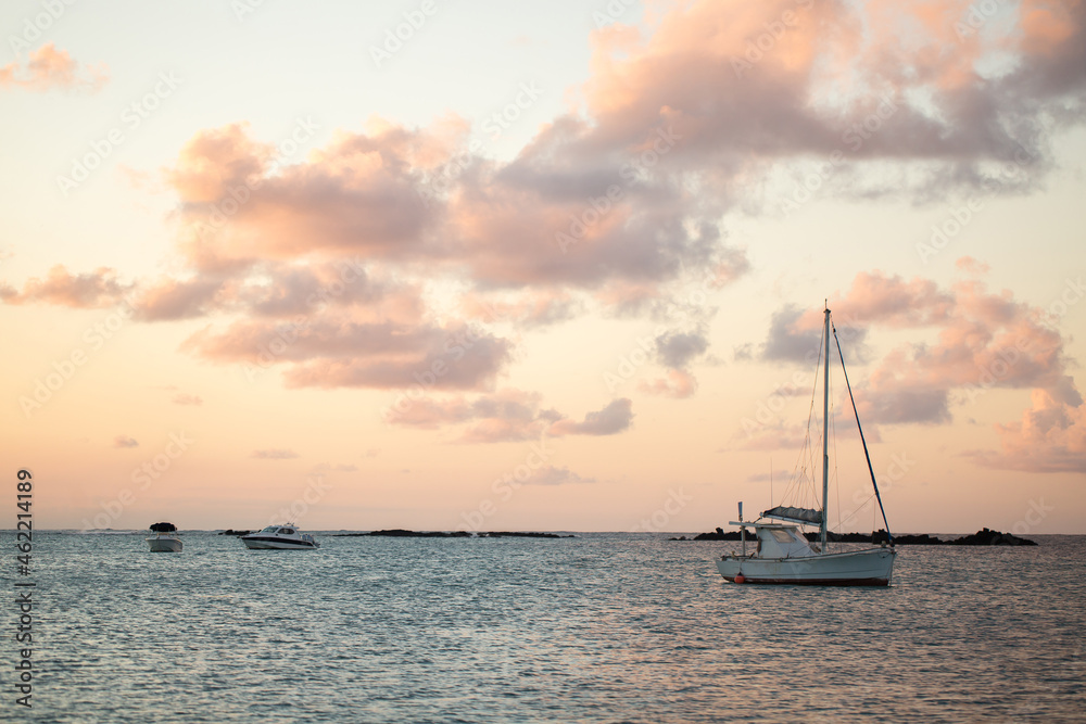 A lot of boats at sunset. Mauritius island