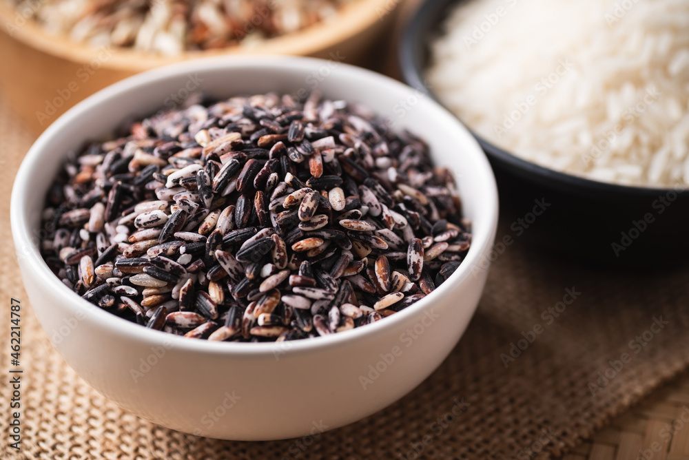 Close up of Organic Purple Thai rice grain in a bowl Close up of Organic Purple Thai rice grain in a bowl
