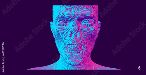 Face of alien or zombie. Abstract digital head constructing from cubes. Voxel art. 3D vector illustration.