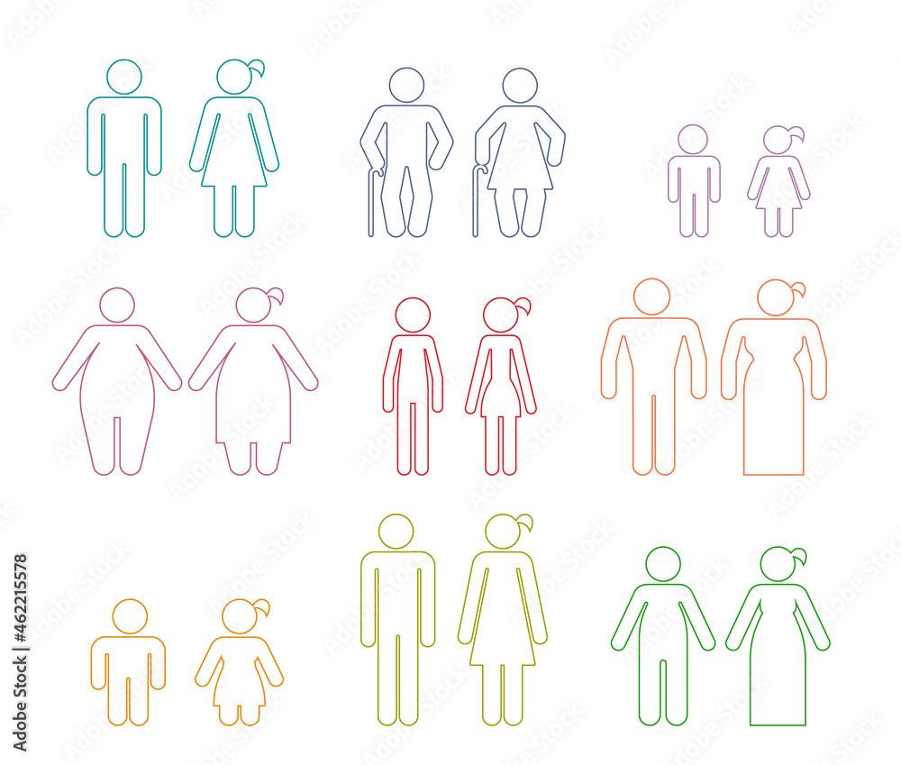 Set of Line Icons that represent various kinds of people. Body appearance. Pictograms which represent couple in love with various type of body shape and age difference. Set of Line Icons that represent various kinds of people. Body appearance. Pictograms which represent couple in love with various type of body shape and age difference.