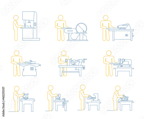 Pictograms lineIcon collection of electric machine tools  for wood. Machines used in production in various types of industry.